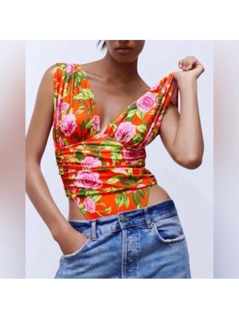 ZARA Red Tropical Plunge Floral Print Draped Snap Crotch Banded Waist Bodysuit